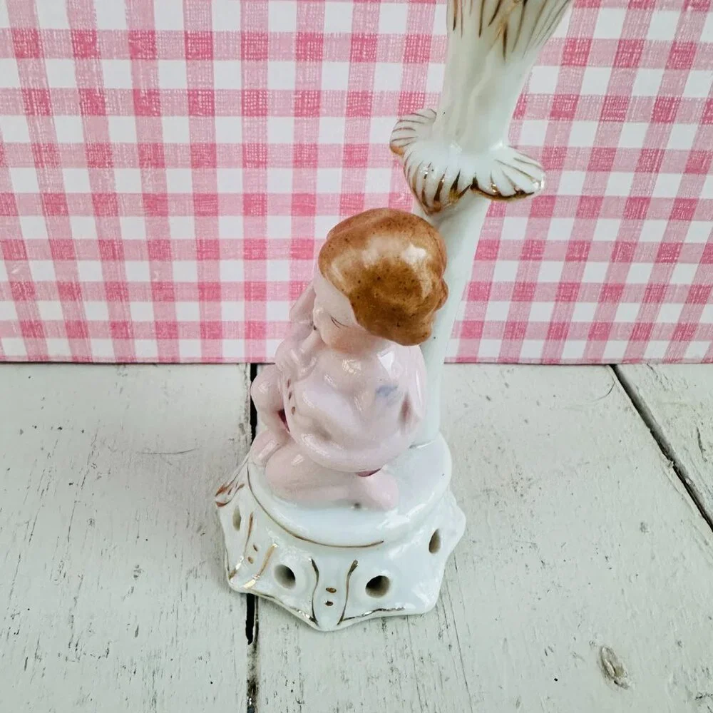 Vintage Japan Cherub Bud Vase Angel Figurine Pink Porcelain Rosebud Vase